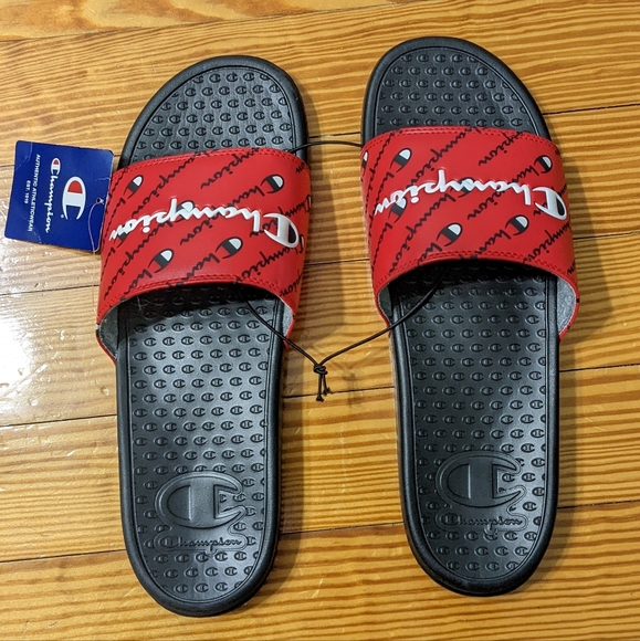 Champion Red, Black,& White Repeated Logo Slides for Men, Size 13, NWT - Picture 2 of 5